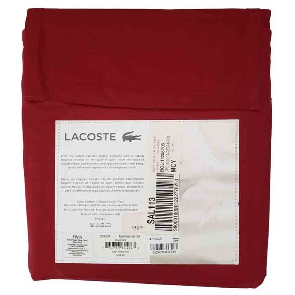 Lacoste TWIN SIZE Sheet Set Deep Red Cotton Blend NEW - Picture 1 of 1
